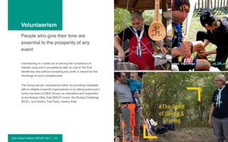 DKG GROUP ANNUAL REPORT 2015 | 49
People who give their time are
essential to the prosperity of any
event
Volunteering is a noble act of serving the humankind on
freewill using one’s competitions with no cost to the final
beneficiary and without accepting any profit or reward for the
discharge of such competencies.
The Group serves volunteerism either by providing charitable
gifts to eligible nonprofit organizations or by taking active part (
some members of DKG Group) as volunteers and supporters
at the Rodopi Ultra Trail (ROUT) event, the Rodopi Challenge
(ROC), and Haidou Trail Party, Haidou Kids
Volunteerism
 