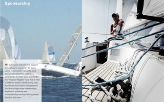 We are happy and proud to support
the sailboat "Limoncello" for many
years. "Limoncello" helps the local
tourism development since it
participates to water sport events like
the "Aegean Regatta" race that is held
in different Greek islands every year.
Apart from the tourism development,
also encourage close relationships,
teamwork, solidarity and
understanding among various people
who join the crew.
Sponsorship
 