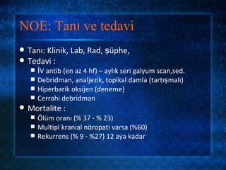 NOE: Tanı ve tedavi
   Tanı: Klinik, Lab, Rad, şüphe,
   Tedavi :
       İV antib (en az 4 hf) – aylık seri galyum scan,sed.
       Debridman, analjezik, topikal damla (tartışmalı)
       Hiperbarik oksijen (deneme)
       Cerrahi debridman
   Mortalite :
       Ölüm oranı (% 37 - % 23)
       Multipl kranial nöropati varsa (%60)
       Rekurrens (% 9 - %27) 12 aya kadar
 