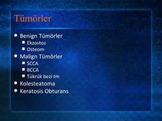 Tümörler
   Benign Tümörler
       Ekzostoz
       Osteom
   Malign Tümörler
       SCCA
       BCCA
       Tükrük bezi tm
   Kolesteatoma
   Keratosis Obturans
 