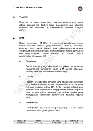 DASAR KESELAMATAN ICT KPM 
1. TUJUAN 
Dasar ini bertujuan menerangkan peraturan-peraturan yang mesti 
dibaca, difahami dan dipatuhi dalam menggunakan aset teknologi 
maklumat dan komunikasi (ICT) Kementerian Pelajaran Malaysia 
(KPM). 
2. SKOP 
Dasar Keselamatan ICT KPM ini merangkumi perlindungan semua 
bentuk maklumat kerajaan yang dimasukkan, diwujud, dimusnah, 
disimpan, dijana, dicetak, diakses, diedar, dalam penghantaran, dan 
yang dibuat salinan keselamatan. Ini akan dilakukan melalui pewujudan 
dan penguatkuasaan sistem kawalan dan prosedur dalam 
pengendalian semua aset ICT. 
a. Perkakasan 
Semua aset yang digunakan untuk menyokong pemprosesan 
maklumat dan kemudahan storan KPM. Contoh komputer, 
pelayan, peralatan komunikasi dan sebagainya; 
b. Perisian 
Program, prosedur atau peraturan yang ditulis dan dokumentasi 
yang berkaitan dengan sistem pengoperasian komputer yang 
disimpan di dalam sistem ICT. Contoh perisian aplikasi atau 
perisian sistem seperti sistem pengoperasian, sistem pangkalan 
data, perisian sistem rangkaian, atau aplikasi pejabat yang 
menyediakan kemudahan pemprosesan maklumat kepada 
KPM; 
c. Perkhidmatan 
Perkhidmatan atau sistem yang menyokong aset lain untuk 
melaksanakan fungsi-fungsinya. Contoh: 
RUJUKAN VERSI TARIKH M/SURAT 
DKICT KPM Versi 2.0 23 / 2 / 2012 5 dari 38 
 