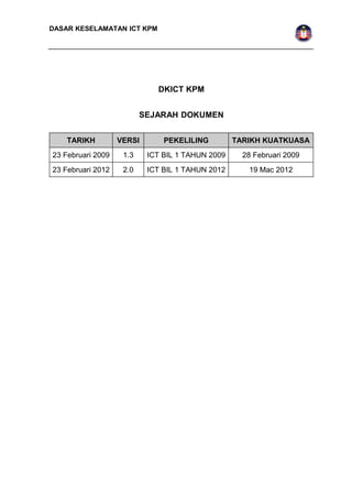 DASAR KESELAMATAN ICT KPM 
DKICT KPM 
SEJARAH DOKUMEN 
TARIKH VERSI PEKELILING TARIKH KUATKUASA 
23 Februari 2009 1.3 ICT BIL 1 TAHUN 2009 28 Februari 2009 
23 Februari 2012 2.0 ICT BIL 1 TAHUN 2012 19 Mac 2012 
 