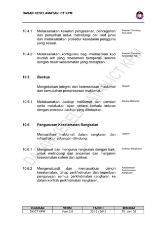 DASAR KESELAMATAN ICT KPM 
10.4.1 Melaksanakan kawalan pengesanan, pencegahan 
dan pemulihan untuk melindungi dari kod jahat 
dan melaksanakan prosedur kesedaran pengguna 
yang sesuai. 
Kawalan Terhadap 
Kod Jahat 
10.4.2 Melaksanakan konfigurasi bagi memastikan kod 
mudah alih yang dibenarkan beroperasi selaras 
dengan dasar keselamatan yang ditetapkan. 
Kawalan Terhadap 
Kod Mudah Alih 
10.5 Backup 
Mengekalkan integriti dan ketersediaan maklumat 
dan kemudahan pemprosesan maklumat. 
Objektif 
10.5.1 Melaksanakan backup maklumat dan perisian 
serta melakukan ujian secara berkala selaras 
dengan prosedur backup yang ditetapkan. 
Backup Maklumat 
10.6 Pengurusan Keselamatan Rangkaian 
Memastikan maklumat dalam rangkaian dan 
infrastruktur sokongan dilindungi. 
Objektif 
10.6.1 Mengawal dan mengurus rangkaian dengan baik, 
untuk melindungi dari ancaman dan menjamin 
keselamatan sistem dan aplikasi. 
Kawalan Rangkaian 
10.6.2 Mengenalpasti dan memasukkan ciri-ciri 
keselamatan, tahap perkhidmatan dan keperluan 
pengurusan semua perkhidmatan rangkaian ke 
dalam kontrak perkhidmatan rangkaian. 
Keselamatan 
Perkhidmatan 
Rangkaian 
RUJUKAN VERSI TARIKH M/SURAT 
DKICT KPM Versi 2.0 23 / 2 / 2012 2 0 dari 38 
 