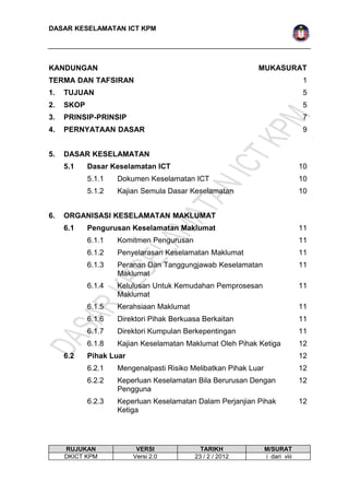 DASAR KESELAMATAN ICT KPM 
KANDUNGAN MUKASURAT 
TERMA DAN TAFSIRAN 1 
1. TUJUAN 5 
2. SKOP 5 
3. PRINSIP-PRINSIP 7 
4. PERNYATAAN DASAR 9 
5. DASAR KESELAMATAN 
5.1 Dasar Keselamatan ICT 10 
5.1.1 Dokumen Keselamatan ICT 10 
5.1.2 Kajian Semula Dasar Keselamatan 10 
6. ORGANISASI KESELAMATAN MAKLUMAT 
6.1 Pengurusan Keselamatan Maklumat 11 
6.1.1 Komitmen Pengurusan 11 
6.1.2 Penyelarasan Keselamatan Maklumat 11 
6.1.3 Peranan Dan Tanggungjawab Keselamatan 
Maklumat 
11 
6.1.4 Kelulusan Untuk Kemudahan Pemprosesan 
Maklumat 
11 
6.1.5 Kerahsiaan Maklumat 11 
6.1.6 Direktori Pihak Berkuasa Berkaitan 11 
6.1.7 Direktori Kumpulan Berkepentingan 11 
6.1.8 Kajian Keselamatan Maklumat Oleh Pihak Ketiga 12 
6.2 Pihak Luar 12 
6.2.1 Mengenalpasti Risiko Melibatkan Pihak Luar 12 
6.2.2 Keperluan Keselamatan Bila Berurusan Dengan 
Pengguna 
12 
6.2.3 Keperluan Keselamatan Dalam Perjanjian Pihak 
Ketiga 
12 
RUJUKAN VERSI TARIKH M/SURAT 
DKICT KPM Versi 2.0 23 / 2 / 2012 i dari viii 
 