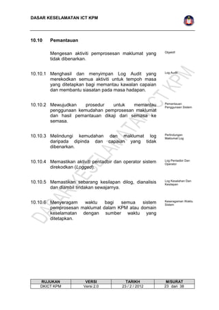 DASAR KESELAMATAN ICT KPM 
10.10 Pemantauan 
Mengesan aktiviti pemprosesan maklumat yang 
tidak dibenarkan. 
Objektif 
10.10.1 Menghasil dan menyimpan Log Audit yang 
merekodkan semua aktiviti untuk tempoh masa 
yang ditetapkan bagi memantau kawalan capaian 
dan membantu siasatan pada masa hadapan. 
Log Audit 
10.10.2 Mewujudkan prosedur untuk memantau 
penggunaan kemudahan pemprosesan maklumat 
dan hasil pemantauan dikaji dari semasa ke 
semasa. 
Pemantauan 
Penggunaan Sistem 
10.10.3 Melindungi kemudahan dan maklumat log 
daripada dipinda dan capaian yang tidak 
dibenarkan. 
Perlindungan 
Maklumat Log 
10.10.4 Memastikan aktiviti pentadbir dan operator sistem 
direkodkan (Logged). 
Log Pentadbir Dan 
Operator 
10.10.5 Memastikan sebarang kesilapan dilog, dianalisis 
dan diambil tindakan sewajarnya. 
Log Kesalahan Dan 
Kesilapan 
10.10.6 Menyeragam waktu bagi semua sistem 
pemprosesan maklumat dalam KPM atau domain 
keselamatan dengan sumber waktu yang 
ditetapkan. 
Keseragaman Waktu 
Sistem 
RUJUKAN VERSI TARIKH M/SURAT 
DKICT KPM Versi 2.0 23 / 2 / 2012 2 3 dari 38 
 