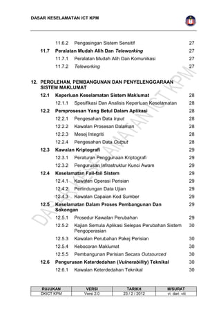 DASAR KESELAMATAN ICT KPM 
11.6.2 Pengasingan Sistem Sensitif 27 
11.7 Peralatan Mudah Alih Dan Teleworking 27 
11.7.1 Peralatan Mudah Alih Dan Komunikasi 27 
11.7.2 Teleworking 27 
12. PEROLEHAN, PEMBANGUNAN DAN PENYELENGGARAAN 
SISTEM MAKLUMAT 
12.1 Keperluan Keselamatan Sistem Maklumat 28 
12.1.1 Spesifikasi Dan Analisis Keperluan Keselamatan 28 
12.2 Pemprosesan Yang Betul Dalam Aplikasi 28 
12.2.1 Pengesahan Data Input 28 
12.2.2 Kawalan Prosesan Dalaman 28 
12.2.3 Mesej Integriti 28 
12.2.4 Pengesahan Data Output 28 
12.3 Kawalan Kriptografi 29 
12.3.1 Peraturan Penggunaan Kriptografi 29 
12.3.2 Pengurusan Infrastruktur Kunci Awam 29 
12.4 Keselamatan Fail-fail Sistem 29 
12.4.1 Kawalan Operasi Perisian 29 
12.4.2 Perlindungan Data Ujian 29 
12.4.3 Kawalan Capaian Kod Sumber 29 
12.5 Keselamatan Dalam Proses Pembangunan Dan 
Sokongan 
29 
12.5.1 Prosedur Kawalan Perubahan 29 
12.5.2 Kajian Semula Aplikasi Selepas Perubahan Sistem 
Pengoperasian 
30 
12.5.3 Kawalan Perubahan Pakej Perisian 30 
12.5.4 Kebocoran Maklumat 30 
12.5.5 Pembangunan Perisian Secara Outsourced 30 
12.6 Pengurusan Keterdedahan (Vulnerability) Teknikal 30 
12.6.1 Kawalan Keterdedahan Teknikal 30 
RUJUKAN VERSI TARIKH M/SURAT 
DKICT KPM Versi 2.0 23 / 2 / 2012 vi dari viii 
 