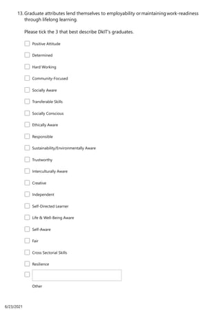 Graduate attributes lend themselves to employability or maintaining work-readiness
through lifelong learning. 

Please tick the 3 that best describe DkIT's graduates.
13.
Positive Attitude
Determined
Hard Working
Community-Focused
Socially Aware
Transferable Skills
Socially Conscious
Ethically Aware
Responsible
Sustainability/Environmentally Aware
Trustworthy
Interculturally Aware
Creative
Independent
Self-Directed Learner
Life & Well-Being Aware
Self-Aware
Fair
Cross Sectorial Skills
Resilience
Other
6/23/2021
 