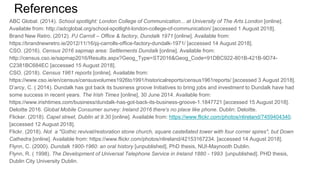 References
ABC Global. (2014). School spotlight: London College of Communication... at University of The Arts London [online].
Available from: http://adcglobal.org/school-spotlight-london-college-of-communication/ [accessed 1 August 2018].
Brand New Retro. (2012). PJ Carroll – Office & factory, Dundalk 1971 [online]. Available from:
https://brandnewretro.ie/2012/11/16/pj-carrolls-office-factory-dundalk-1971/ [accessed 14 August 2018].
CSO. (2016). Census 2016 sapmap area: Settlements Dundalk [online]. Available from:
http://census.cso.ie/sapmap2016/Results.aspx?Geog_Type=ST2016&Geog_Code=91DBC922-801B-421B-9D74-
C2381BC684EC [accessed 15 August 2018].
CSO. (2018). Census 1961 reports [online]. Available from:
https://www.cso.ie/en/census/censusvolumes1926to1991/historicalreports/census1961reports/ [accessed 3 August 2018].
D’arcy, C. ( 2014). Dundalk has got back its business groove Initiatives to bring jobs and investment to Dundalk have had
some success in recent years. The Irish Times [online], 30 June 2014. Available from:
https://www.irishtimes.com/business/dundalk-has-got-back-its-business-groove-1.1847721 [accessed 15 August 2018].
Deloitte 2016. Global Mobile Consumer survey: Ireland 2016 there's no place like phone. Dublin: Deloitte.
Flicker. (2018). Capel street, Dublin at 9.30 [online]. Available from: https://www.flickr.com/photos/nlireland/7459404340.
[accessed 12 August 2018].
Flickr. (2018). Not a "Gothic revival/restoration stone church, square castellated tower with four corner spires", but Down
Cathedra [online]. Available from: https://www.flickr.com/photos/nlireland/42153167234. [accessed 14 August 2018].
Flynn, C. (2000). Dundalk 1900-1960: an oral history [unpublished]. PhD thesis, NUI-Maynooth Dublin.
Flynn, R. ( 1998). The Development of Universal Telephone Service in Ireland 1880 - 1993 [unpublished]. PHD thesis,
Dublin City University Dublin.
 