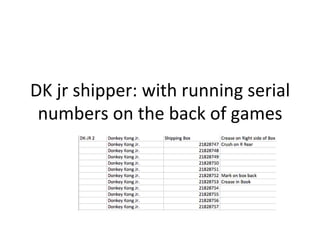 DK	
  jr	
  shipper:	
  with	
  running	
  serial	
  
numbers	
  on	
  the	
  back	
  of	
  games	
  
 