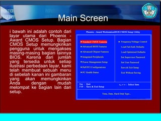 Main Screen
i bawah ini adalah contoh dari
layar utama dari Phoenix Award CMOS Setup. Bagian
CMOS Setup memungkinkan
pengguna untuk mengakses
masing-masing bagian lainnya
BIOS. Karena dari jumlah
yang tersedia untuk setiap
ilustrasi perbedaan layar, kami
telah membuat sebuah menu
di sebelah kanan ini gambaran
yang akan memungkinkan
Anda
dengan
mudah
melompat ke bagian lain dari
setup.

 