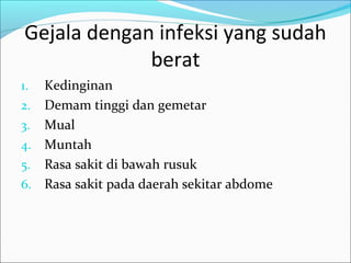 Gejala dengan infeksi yang sudah
             berat
1. Kedinginan
2. Demam tinggi dan gemetar
3. Mual
4. Muntah
5. Rasa sakit di bawah rusuk
6. Rasa sakit pada daerah sekitar abdome
 