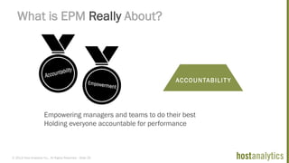 © 2013 Host Analytics Inc., All Rights Reserved -- Slide 20
What is EPM Really About?
Empowering managers and teams to do their best
Holding everyone accountable for performance
ACCOUNTABILITY
 