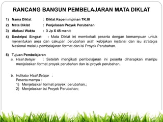 RANCANG BANGUN PEMBELAJARAN MATA DIKLAT
1) Nama Diklat : Diklat Kepemimpinan TK.III
2) Mata Diklat : Penjelasan Proyek Perubahan
3) Alokasi Waktu : 3 Jp X 45 menit
4) Deskripsi Singkat : Mata Diklat ini membekali peserta dengan kemampuan untuk
menentukan area dan cakupan perubahan arah kebijakan instansi dan isu strategis
Nasional melalui pembelajaran format dan isi Proyek Perubahan.
5) Tujuan Pembelajaran
a. Hasil Belajar : Setelah mengikuti pembelajaran ini peserta diharapkan mampu
menjelaskan format proyek perubahan dan isi proyek perubahan.
b. Indikator Hasil Belajar :
Peserta mampu :
1) Menjelaskan format proyek perubahan.;
2) Menjelaskan isi Proyek Perubahan;
 