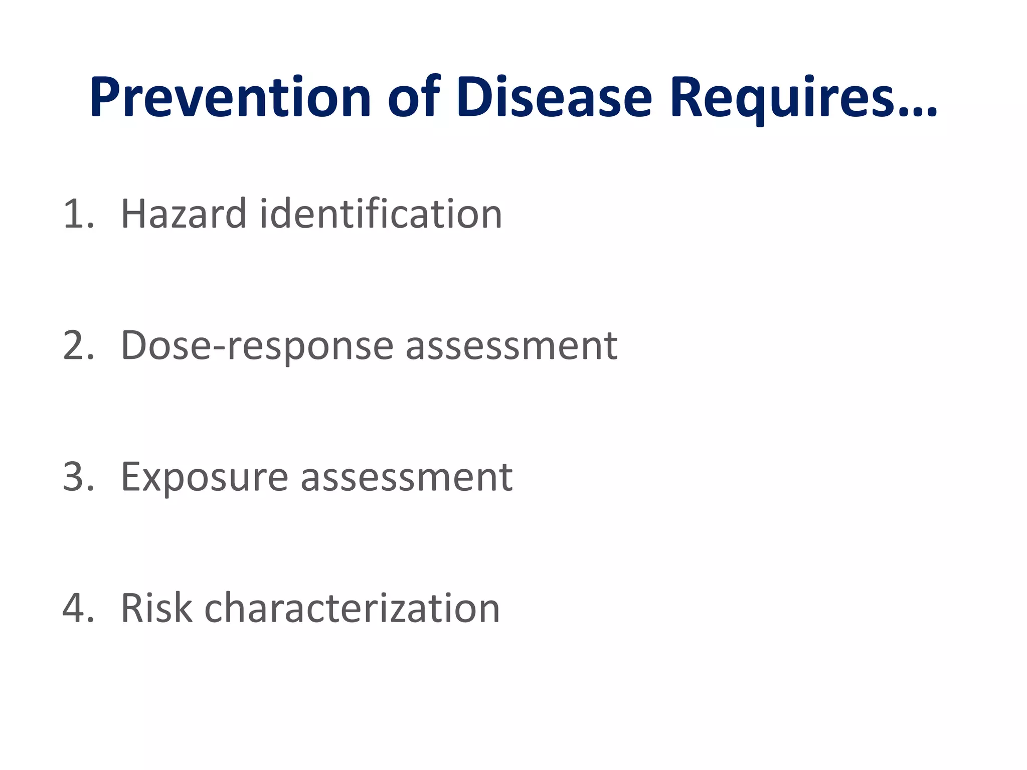 Prevention of Disease Requires…Hazard identificationDose-response assessmentExposure assessmentRisk characterization