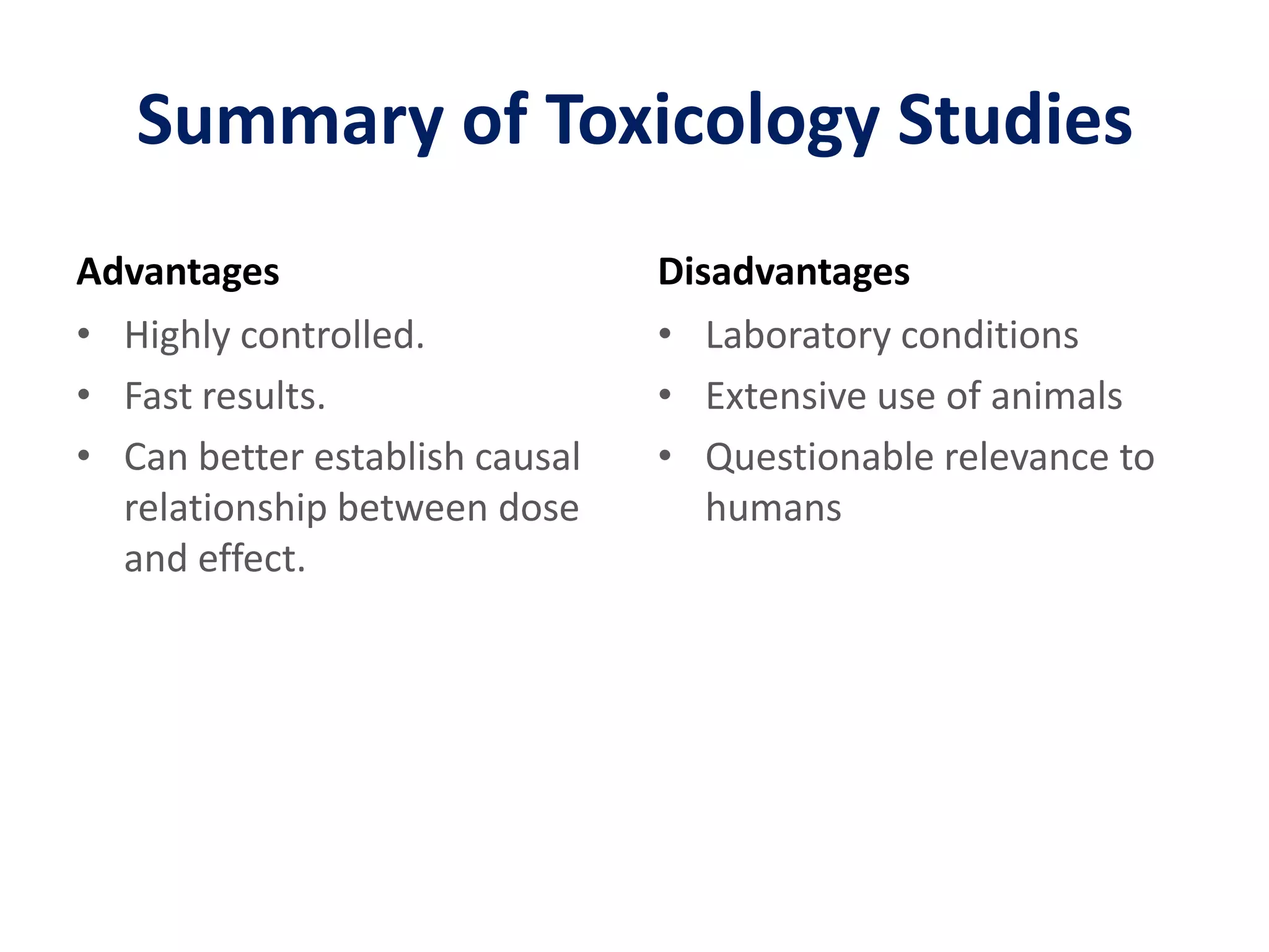 Summary of Toxicology StudiesAdvantagesHighly controlled.Fast results.Can better establish causal relationship between dose and effect.DisadvantagesLaboratory conditionsExtensive use of animalsQuestionable relevance to humans