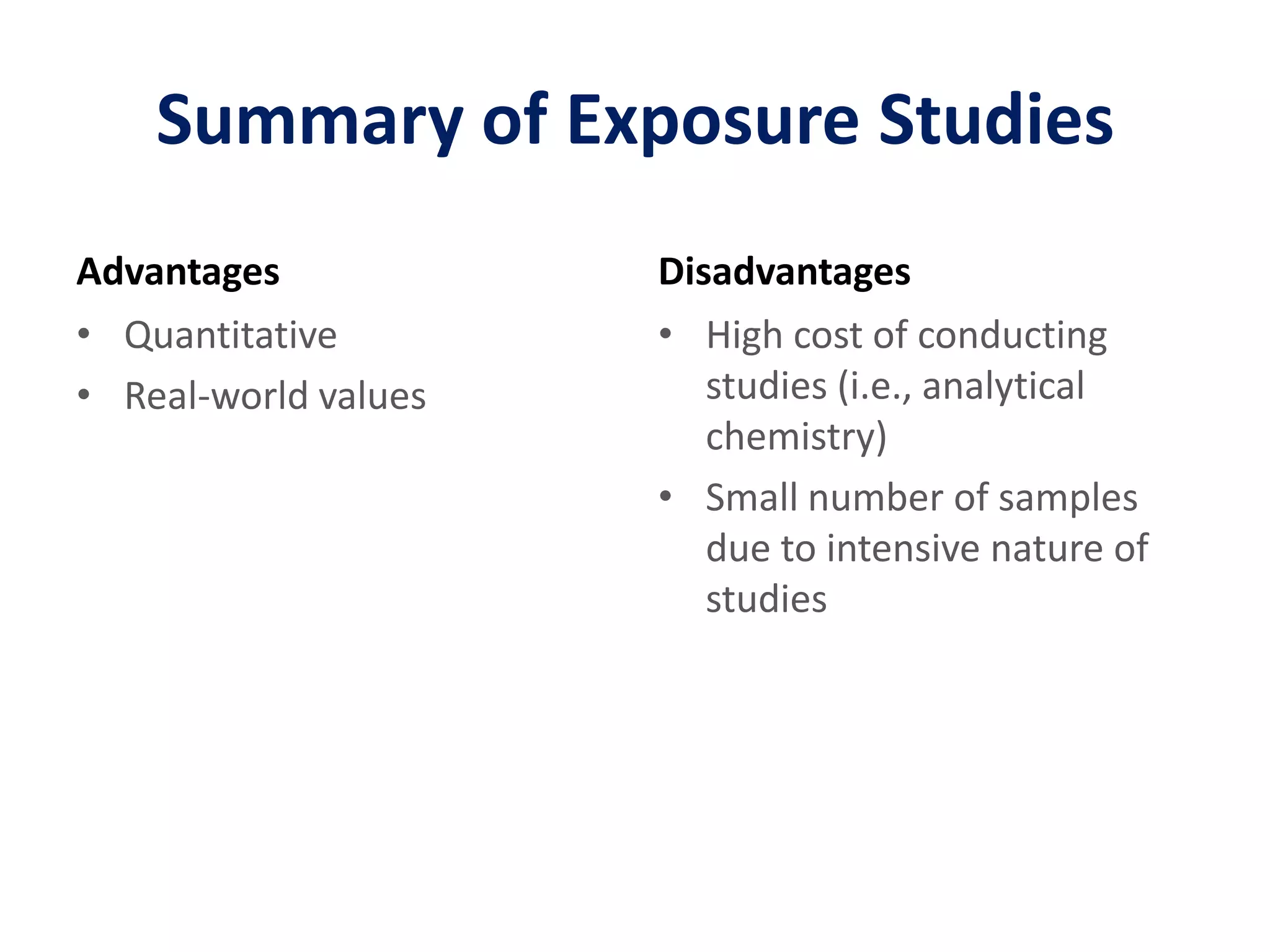 Summary of Exposure StudiesAdvantagesQuantitativeReal-world valuesDisadvantagesHigh cost of conducting studies (i.e., analytical chemistry)Small number of samples due to intensive nature of studies