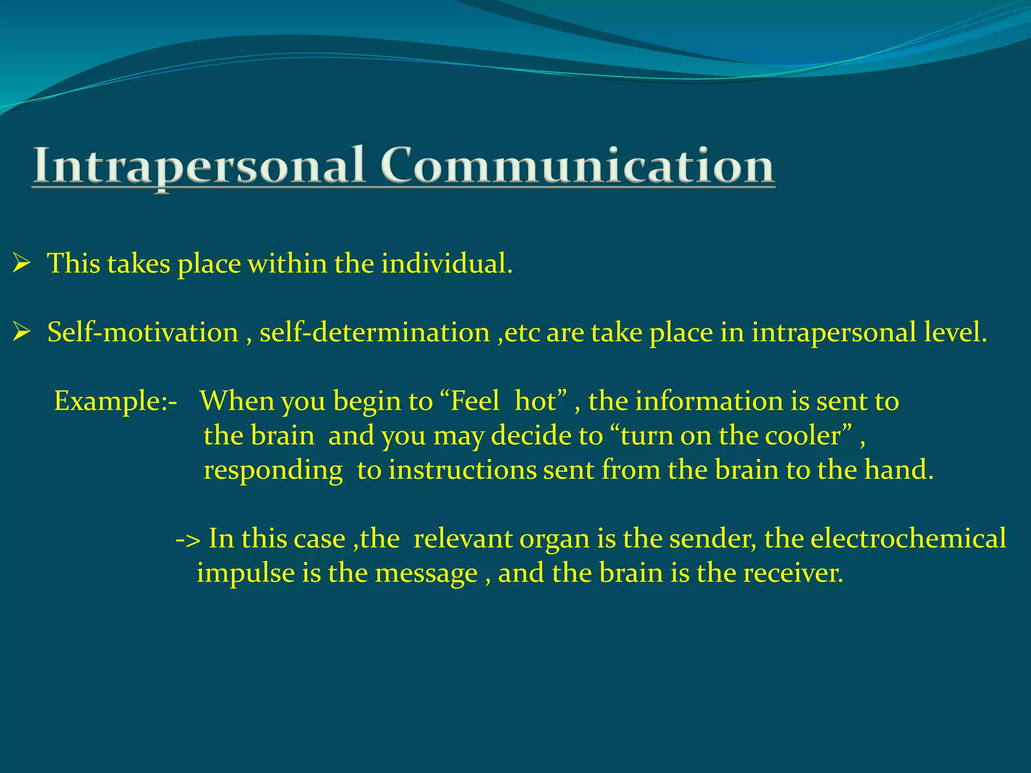 Intrapersonal Communication
 This takes place within the individual.
 Self-motivation , self-determination ,etc are take place in intrapersonal level.
Example:- When you begin to “Feel hot” , the information is sent to
the brain and you may decide to “turn on the cooler” ,
responding to instructions sent from the brain to the hand.
-> In this case ,the relevant organ is the sender, the electrochemical
impulse is the message , and the brain is the receiver.
 