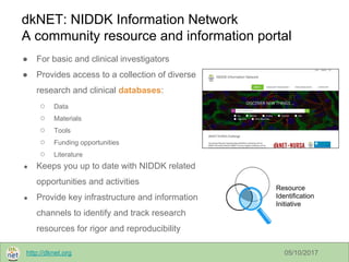 http://dknet.org 05/10/2017
dkNET: NIDDK Information Network
A community resource and information portal
● For basic and c...