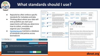 An NIDDK Resource dknet.org
What standards should I use?
● Repositories often enforce specific
standards for metadata and data
● Thinking about where your data will
end up before you start your
experiments will help you determine
how to collect, annotate and
organize your (meta)data
● Fairsharing.org maintains a database
of standards and policies across
biomedicine
 