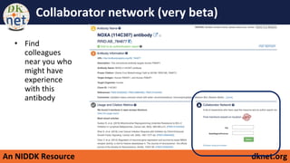 An NIDDK Resource dknet.org
Collaborator network (very beta)
• Find
colleagues
near you who
might have
experience
with this
antibody
 