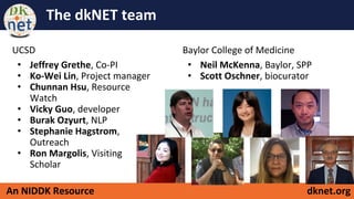 dknet.orgAn NIDDK Resource
The dkNET team
UCSD
• Jeffrey Grethe, Co-PI
• Ko-Wei Lin, Project manager
• Chunnan Hsu, Resource
Watch
• Vicky Guo, developer
• Burak Ozyurt, NLP
• Stephanie Hagstrom,
Outreach
• Ron Margolis, Visiting
Scholar
Baylor College of Medicine
• Neil McKenna, Baylor, SPP
• Scott Oschner, biocurator
 