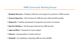 AIRR Community Working Groups
1. Biological Resources – Biological calibrators and reagents for evaluation of AIRR-seq dat...
