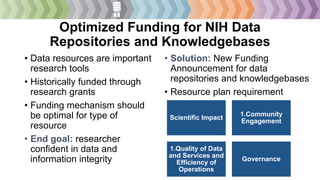 Optimized Funding for NIH Data
Repositories and Knowledgebases
• Data resources are important
research tools
• Historically funded through
research grants
• Funding mechanism should
be optimal for type of
resource
• End goal: researcher
confident in data and
information integrity
• Solution: New Funding
Announcement for data
repositories and knowledgebases
• Resource plan requirement
Scientific Impact
1.Community
Engagement
1.Quality of Data
and Services and
Efficiency of
Operations
Governance
 