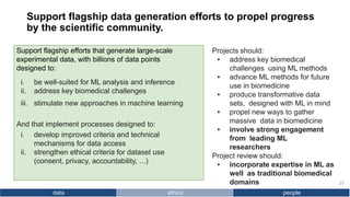 Support flagship efforts that generate large-scale
experimental data, with billions of data points
designed to:
i. be well-suited for ML analysis and inference
ii. address key biomedical challenges
iii. stimulate new approaches in machine learning
And that implement processes designed to:
i. develop improved criteria and technical
mechanisms for data access
ii. strengthen ethical criteria for dataset use
(consent, privacy, accountability, ...)
Support flagship data generation efforts to propel progress
by the scientific community.
27
data ethics people
Projects should:
▪ address key biomedical
challenges using ML methods
▪ advance ML methods for future
use in biomedicine
▪ produce transformative data
sets, designed with ML in mind
▪ propel new ways to gather
massive data in biomedicine
▪ involve strong engagement
from leading ML
researchers
Project review should:
▪ incorporate expertise in ML as
well as traditional biomedical
domains
 