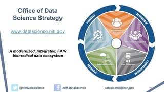 60
Office of Data
Science Strategy
www.datascience.nih.gov
A modernized, integrated, FAIR
biomedical data ecosystem
60@NIHDataScience /NIH.DataScience datascience@nih.gov
 