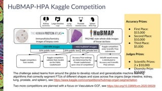 HuBMAP-HPA Kaggle Competition
The challenge asked teams from around the globe to develop robust and generalizable machine learning
algorithms that correctly segment FTUs of different shapes and sizes across five organs (large intestine, kidney,
lung, prostate, and spleen), see https://www.kaggle.com/competitions/hubmap-organ-segmentation
Two more competitions are planned with a focus on Vasculature CCF, see https://doi.org/10.3389/fcvm.2020.00029
Accuracy Prizes:
● First Place:
$15,000
● Second Place:
$10,000
● Third Place:
$5,000
Judges Prizes:
● Scientific Prizes:
2 x $10,000
● Diversity Prize:
$10,000
 