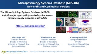 Harnessing Quantitative Systems Pharmacology to Deliver Personalized Medicine
Microphysiology,Systems,Database,(MPS6Db)
Non6Profit,and,Commercial,Versions
1
Mark,Schurdak,,PhD
Associate)Professor
Director)of)Operations
University)of)Pittsburgh)Drug)
Discovery)Institute
Bert,Gough,,PhD
Associate)Professor
Director)of)Informatics
University)of)Pittsburgh)Drug)
Discovery)Institute
D.,Lansing,Taylor,,PhD
Distinguished)Professor
Director
University)of)Pittsburgh)Drug)
Discovery)Institute
The,Microphysiology Systems,Database,(MPS6Db):
A"platform"for"aggregating,"analyzing,"sharing"and"
computationally"modeling"in"vitro"data
https://mps.csb.pitt.edu/
 