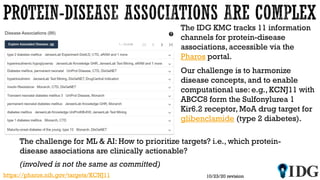 https://pharos.nih.gov/targets/KCNJ11
The IDG KMC tracks 11 information
channels for protein-disease
associations, accessible via the
Pharos portal.
Our challenge is to harmonize
disease concepts, and to enable
computational use: e.g., KCNJ11 with
ABCC8 form the Sulfonylurea 1
Kir6.2 receptor, MoA drug target for
glibenclamide (type 2 diabetes).
10/23/20 revision
The challenge for ML & AI: How to prioritize targets? i.e., which protein-
disease associations are clinically actionable?
(involved is not the same as committed)
 