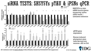 2/14/19 revisionAD validation work by Jessica Binder & Kiran Bhaskar,funded by U24CA224370-S2 supplement
SHSY5Y’s in vitro
siRNA knock-downs
measuring ∆pTau
(AT8) levels –
unbiased cellomics
qPCR gene
expression
Human induced
pluripotent stem
cells derived into
neurons –AD vs Ctrl
A
K
N
A
B
C
O
2
C
C
N
Y
C
R
T
A
M
F
A
M
92B
F
O
X
P
4
F
R
R
S
1
G
R
IN
2C
IL
17R
E
L
L
IL
R
A
3
L
M
04
N
D
R
G
2
P
IB
F
1
R
A
B
40AS
C
G
B
3A
1S
L
C
44A
2
S
P
O
P
S
T
A
R
D
3
T
M
E
F
F
2T
X
N
D
C
12
0
1
2
2.5
5.0
7.5
FoldChange(2^-∆∆Ct)
RelativetoCtrl
AX0018
sAD2.1
*
****
**
**
**
****
**
*
**
*
****
****
****
****
****
****
*
 