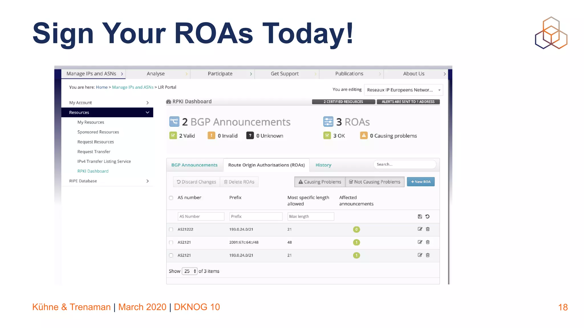 Kühne & Trenaman | March 2020 | DKNOG 10
Sign Your ROAs Today!
18
 