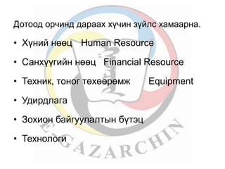 Дотоод орчинд дараах хүчин зүйлс хамаарна. 
• Хүний нөөц Human Resource 
• Санхүүгийн нөөц Financial Resource 
• Техник, тоног төхөөрөмж Equipment 
• Удирдлага 
• Зохион байгуулалтын бүтэц 
• Технологи 
 