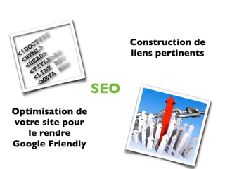 Construction de
                        liens pertinents



                  SEO
Optimisation de
votre site pour
   le rendre
Google Friendly
 