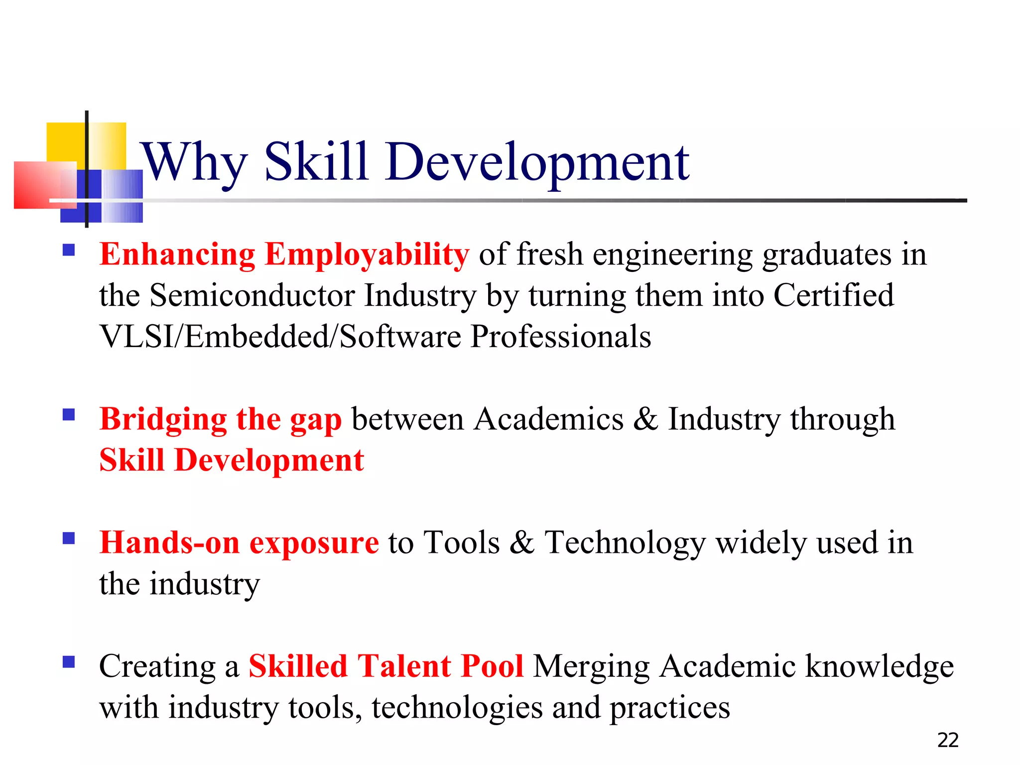 Why Skill Development
   Enhancing Employability of fresh engineering graduates in
    the Semiconductor Industry by turning them into Certified
    VLSI/Embedded/Software Professionals

   Bridging the gap between Academics & Industry through
    Skill Development

   Hands-on exposure to Tools & Technology widely used in
    the industry

   Creating a Skilled Talent Pool Merging Academic knowledge
    with industry tools, technologies and practices
                                                                22
 