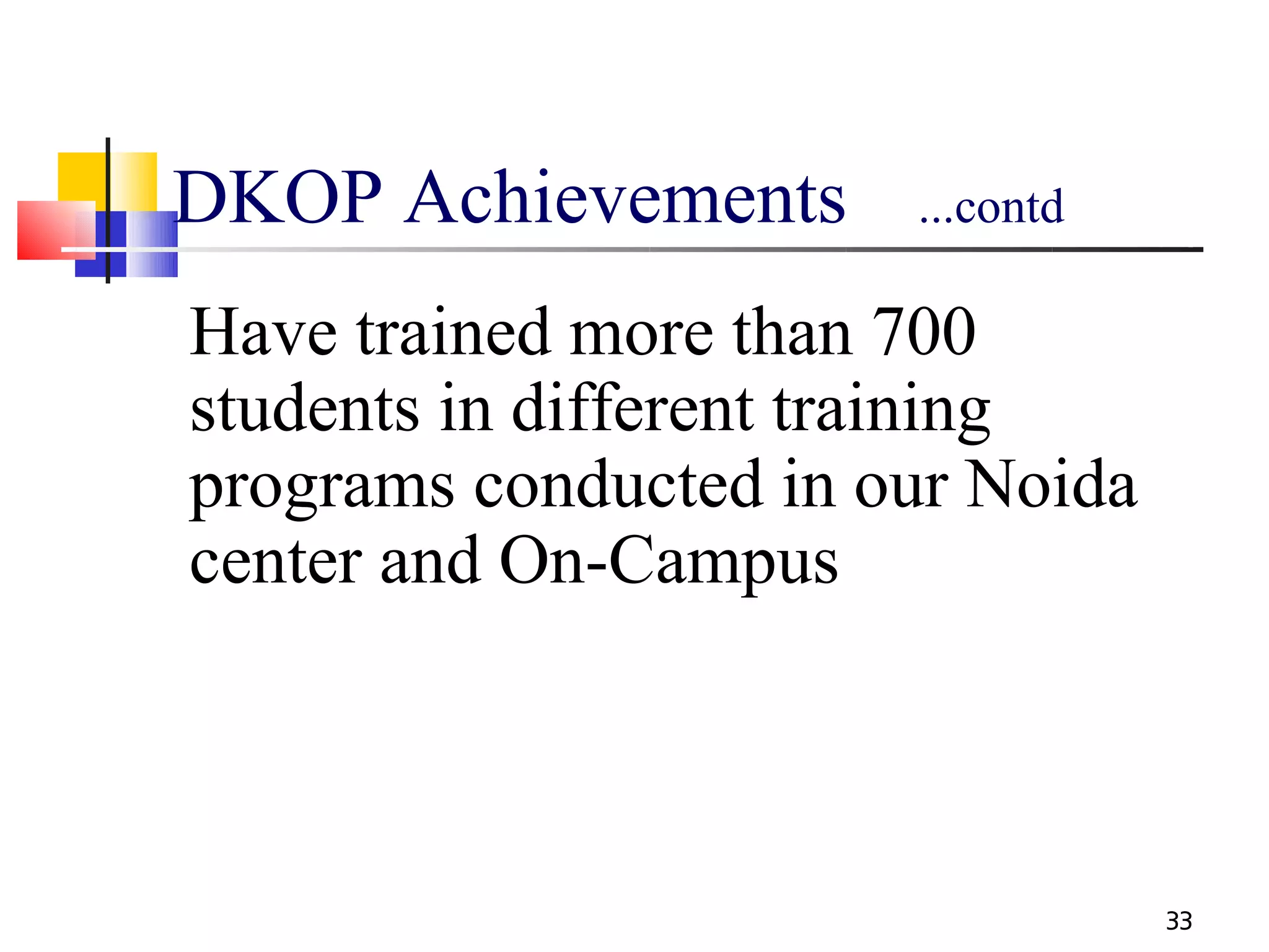 DKOP Achievements      ...contd

Have trained more than 700
students in different training
programs conducted in our Noida
center and On-Campus



                                  33
 