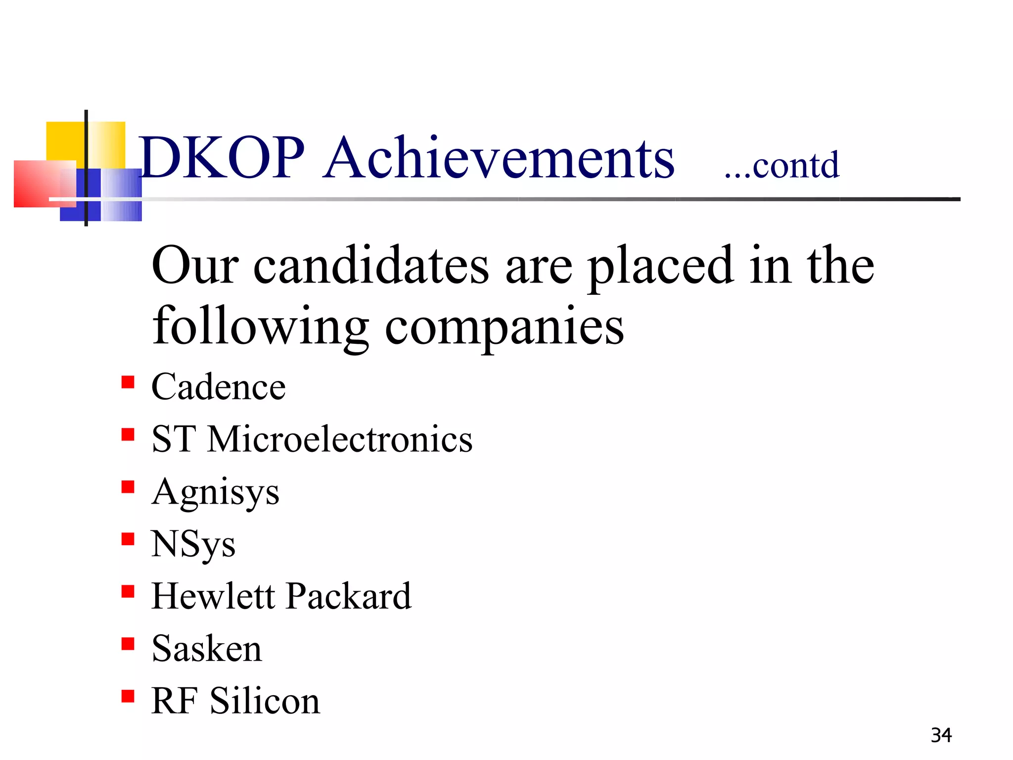 DKOP Achievements        ...contd

    Our candidates are placed in the
    following companies
   Cadence
   ST Microelectronics
   Agnisys
   NSys
   Hewlett Packard
   Sasken
   RF Silicon
                                        34
 