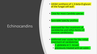 Echinocandins
• inhibit synthesis of 1,3-beta-D-glucan
of the fungal cell wall
• Cidal for most Candida species
• favorable toxicity profiles
• approved for the treatment of
candidemia and other forms of
invasive candidiasis.
• preferred over azoles for the initial
treatment of candidemia
• C. glabrata or C. krusei
• previously treated with an azole .
 