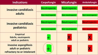 1- Indication
Indications Caspofungin Micafungin Anidulafungin
invasive candidiasis
adults
Neutropenic Neutropenic Neutropenic
Non-neutropenic Non-neutropenic Non-neutropenic
invasive candidiasis
pediatrics
Neutropenic Neutropenic Neutropenic
Non-neutropenic Non-neutropenic Non-neutropenic
Empirical
febrile, neutropenic
adult or pediatric
+ X X
invasive aspergillosis
adult or pediatric
refractory to or intolerant
+ X X
 
