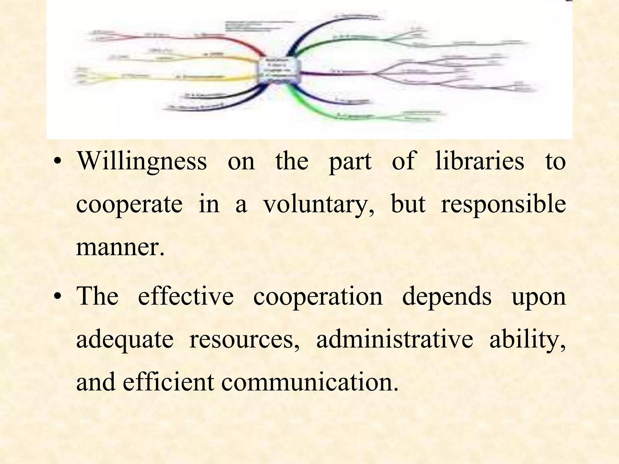 • Willingness on the part of libraries to
cooperate in a voluntary, but responsible
manner.
• The effective cooperation depends upon
adequate resources, administrative ability,
and efficient communication.
 