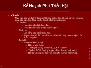 Kế Hoạch Phát Triển Hội Cá nhân: Mục tiêu của hội là trở thành một trong những hội tốt nhất server. Dựa vào mục tiêu này, hội đề ra các kế hoạch phát triển như sau: Tổ chức: Hoàn thiện bộ luật bang hội. Hoàn thiện cơ cấu điều hành bang hội. Nhân sự: Cân bằng các nghề trong hội. Tuyển chọn và đào tạo nhân tài nhằm bổ xung vào các vị trí còn thiếu trong hội. Kinh tế: Phát triển kinh tế hội: Đầu tư vào thành. Tham gia các sự kiện do ROKVN tổ chức. Tổ chức MVP thường xuyên nhằm tìm vật phẩm quý. Hổ trợ và giúp đỡ hội viên trang bị các vật phẩm woe. 