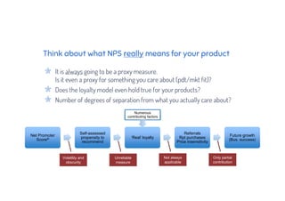 Think about what NPS really means for your product
It is always going to be a proxy measure.
Is it even a proxy for something you care about (pdt/mkt fit)?
Does the loyalty model even hold true for your products?
Number of degrees of separation from what you actually care about?
Net Promoter
Score®
Net Promoter
Score®
Self-assessed
propensity to
recommend
Self-assessed
propensity to
recommend
‘Real’ loyalty‘Real’ loyalty
Referrals
Rpt purchases
Price insensitivity
Referrals
Rpt purchases
Price insensitivity
Future growth
(Bus. success)
Future growth
(Bus. success)
Only partial
contribution
Not always
applicable
Unreliable
measure
Volatility and
obscurity
Numerous
contributing factors
 