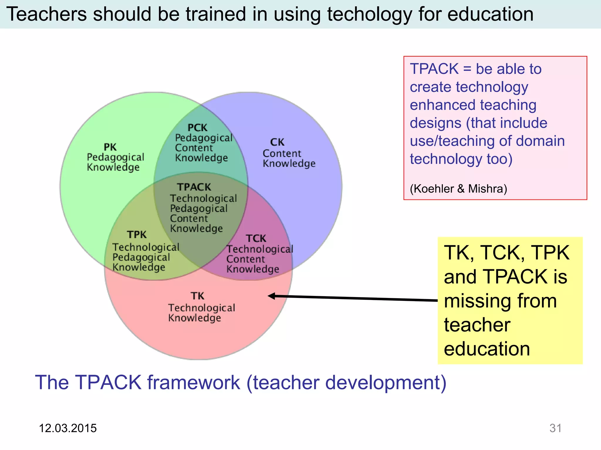 The TPACK framework (teacher development)
12.03.2015 31
TPACK = be able to
create technology
enhanced teaching
designs (that include
use/teaching of domain
technology too)
(Koehler & Mishra)
Teachers should be trained in using techology for education
TK, TCK, TPK
and TPACK is
missing from
teacher
education
 