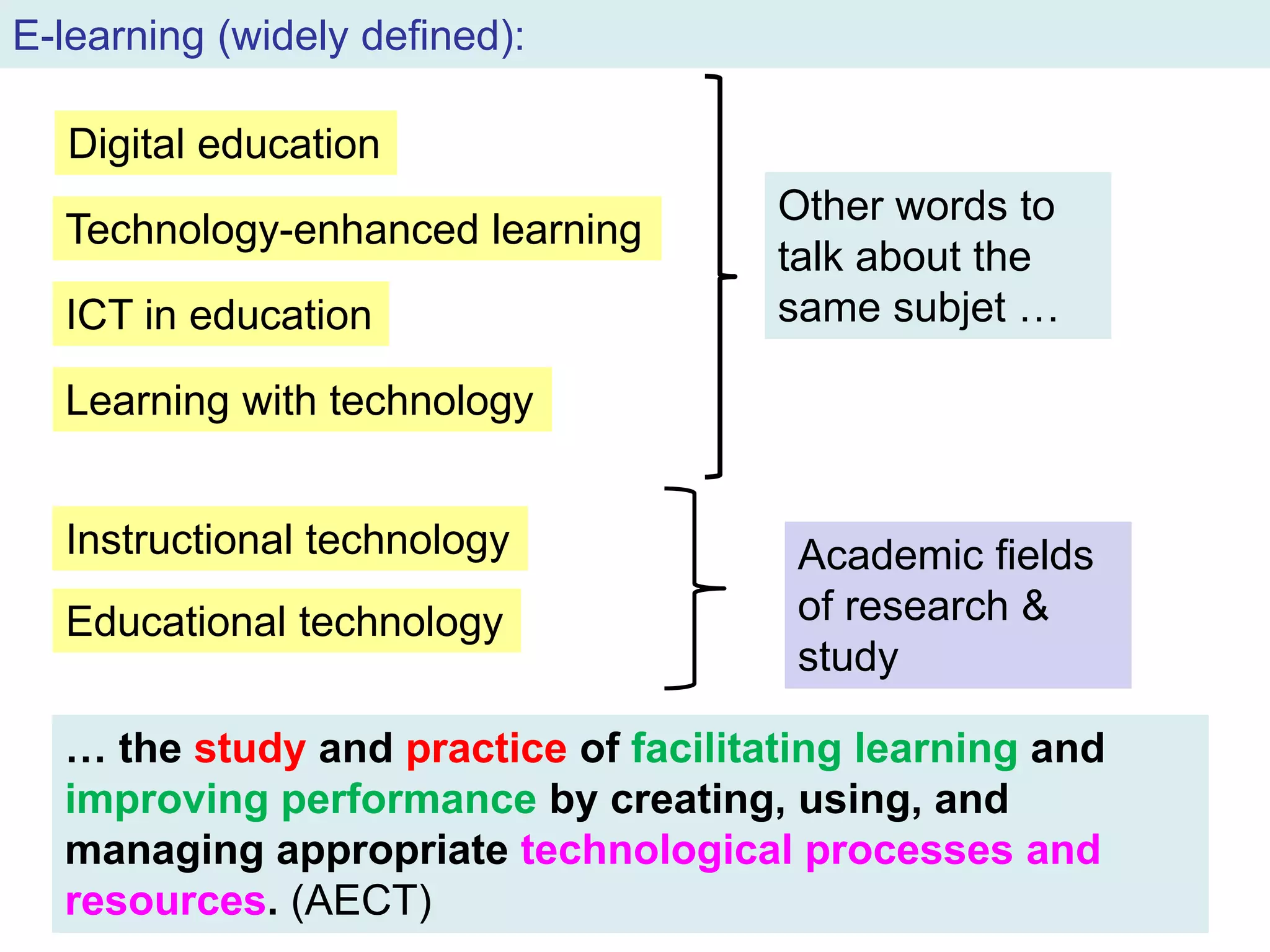12.03.2015 4
E-learning (widely defined):
Digital education
Technology-enhanced learning
ICT in education
Learning with technology
Instructional technology
Educational technology
Other words to
talk about the
same subjet …
Academic fields
of research &
study
… the study and practice of facilitating learning and
improving performance by creating, using, and
managing appropriate technological processes and
resources. (AECT)
 