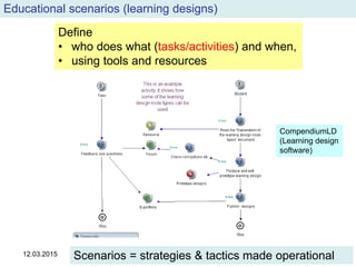 12.03.2015
24
Educational scenarios (learning designs)
Define
• who does what (tasks/activities) and when,
• using tools and resources
Scenarios = strategies & tactics made operational
CompendiumLD
(Learning design
software)
 