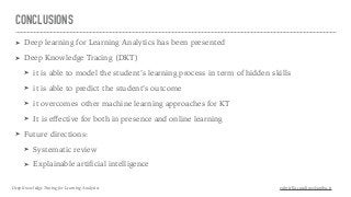CONCLUSIONS
➤ Deep learning for Learning Analytics has been presented
➤ Deep Knowledge Tracing (DKT)
➤ it is able to model the student’s learning process in term of hidden skills
➤ it is able to predict the student’s outcome
➤ it overcomes other machine learning approaches for KT
➤ It is eﬀective for both in presence and online learning
➤ Future directions:
➤ Systematic review
➤ Explainable artificial intelligence
Deep Knowledge Tracing for Learning Analytics gabriella.casalino@uniba.it
 