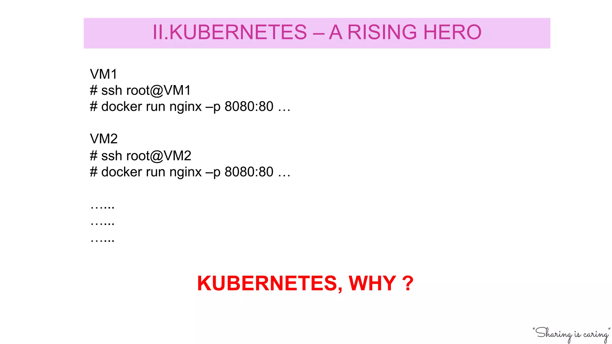 KUBERNETES, WHY ?
VM1
# ssh root@VM1
# docker run nginx –p 8080:80 …
VM2
# ssh root@VM2
# docker run nginx –p 8080:80 …
…...
…...
…...
II.KUBERNETES – A RISING HERO
 