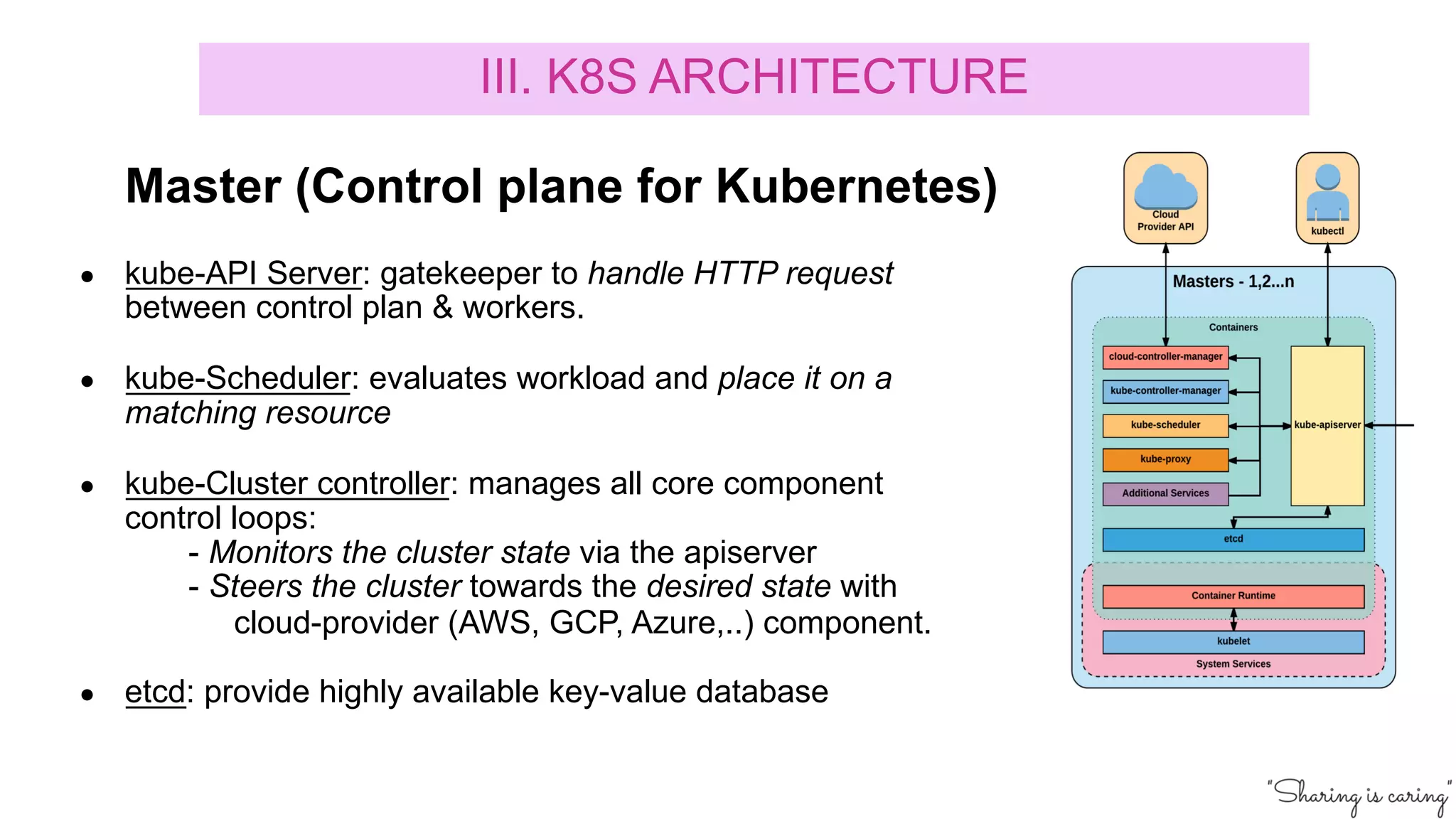 Master (Control plane for Kubernetes)
● kube-API Server: gatekeeper to handle HTTP request
between control plan & workers.
● kube-Scheduler: evaluates workload and place it on a
matching resource
● kube-Cluster controller: manages all core component
control loops:
- Monitors the cluster state via the apiserver
- Steers the cluster towards the desired state with
cloud-provider (AWS, GCP, Azure,..) component.
● etcd: provide highly available key-value database
III. K8S ARCHITECTURE
 